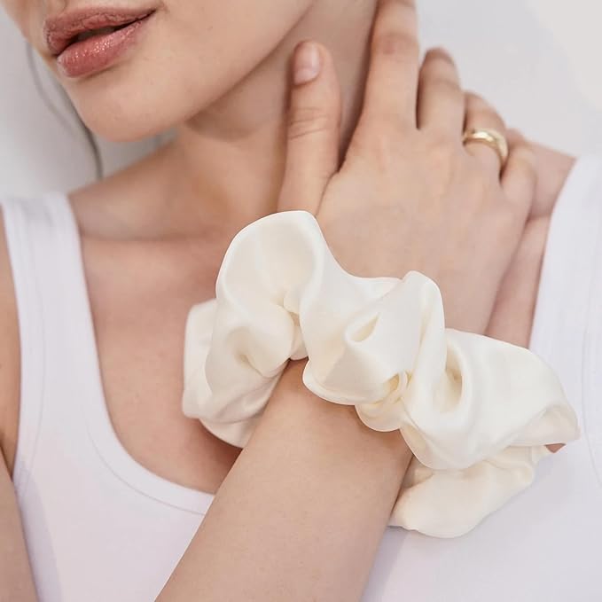 Lunya Washable Silk Scrunchies - Mulberry Silk Hair Ties - Tranquil White - One Size Fits Most