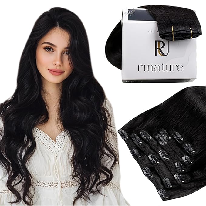 RUNATURE Black Clip in Hair Extensions Real Human Hair, Short Hair Extensions Clip Ins, Remy Human Hair Clip in Extensions, Double Weft Thick Hair, Add Hair Volume, 12 Inch 80g 7pcs #1B Off Black