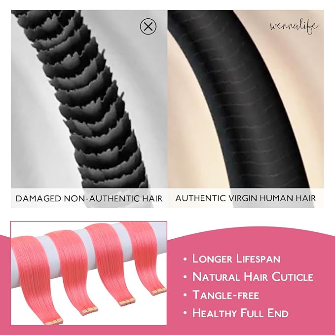 WENNALIFE Tape in Hair Extensions Human Hair Light Pink Tape in Extensions, 10pcs 30g 26 inch Remy Invisible Tape Ins Straight Colored Soft Real Human Hair Tape in Extensions Refill Set Extensions