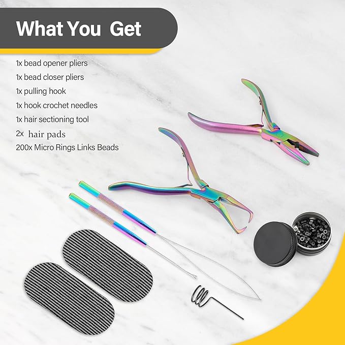 Gomake Microlinks Hair Extensions Kit, Hair Extension Closer and Removal Pliers, Micro Beads Pulling Hook & Microbead Loop Tool, Micro Links Silicone Rings Bead 200PCS(Rainbow)