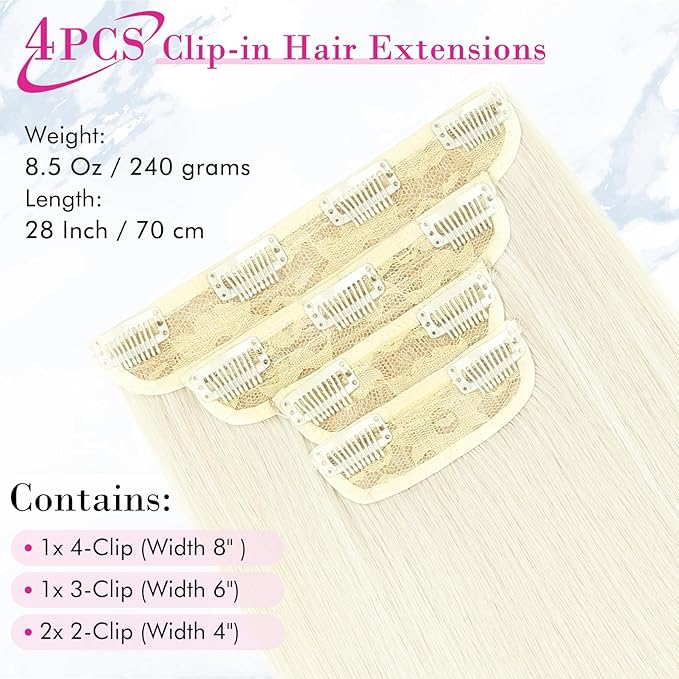 REECHO 28" Straight Super Long 4 PCS Set Thick Clip in on Hair Extensions White Blonde