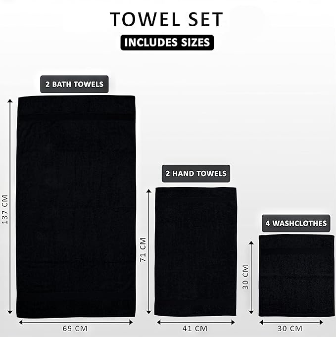 Luxury 8 Piece Towel Set, 2 Bath Towels 2 Hand Towels 4 Washcloths, Towels for Bathroom, Home, Spa & Gym - Highly Absorbent Ultra Soft Quick-Dry (Black)