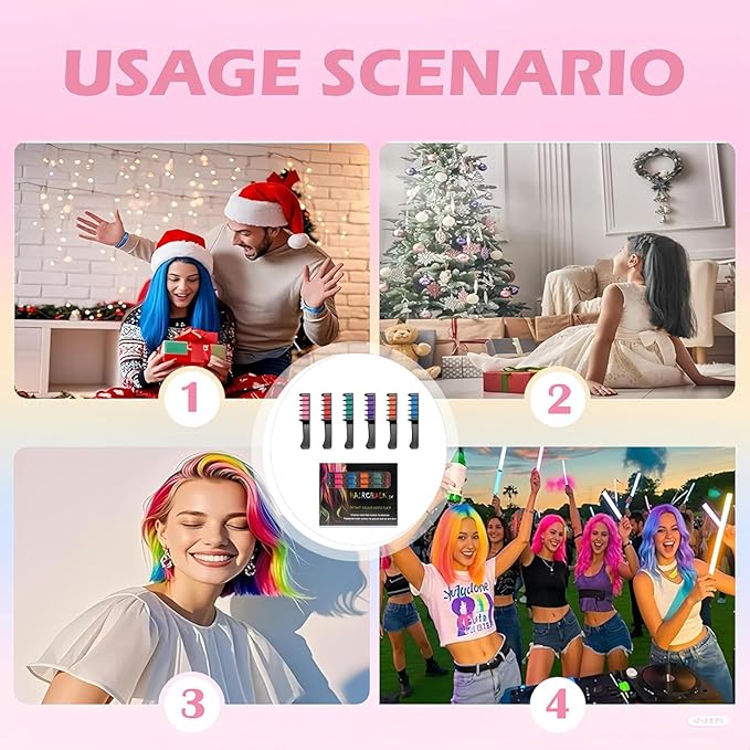 12 Colors Festive Fun Hair Chalk Combs, Temporary Glitter Hair Colors Hair Chalk Combs, Washable DIY Hair Color Dye for Birthday Christmas Party Gifts (6 Color)