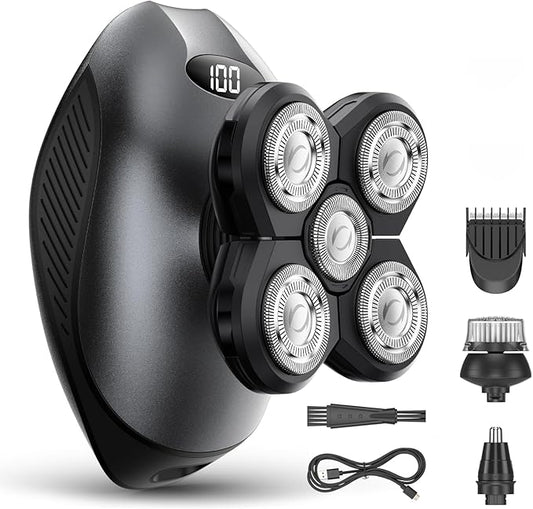 Electric Razor for Men, Head & Body Hair Shaver for Men, Cordless Rechargeable Wet/Dry Bald Head & Groin Waterproof Razor with Rotary Blades,Clippers, Beard Trimmer,Nose Trimmer, Brush (Gray)