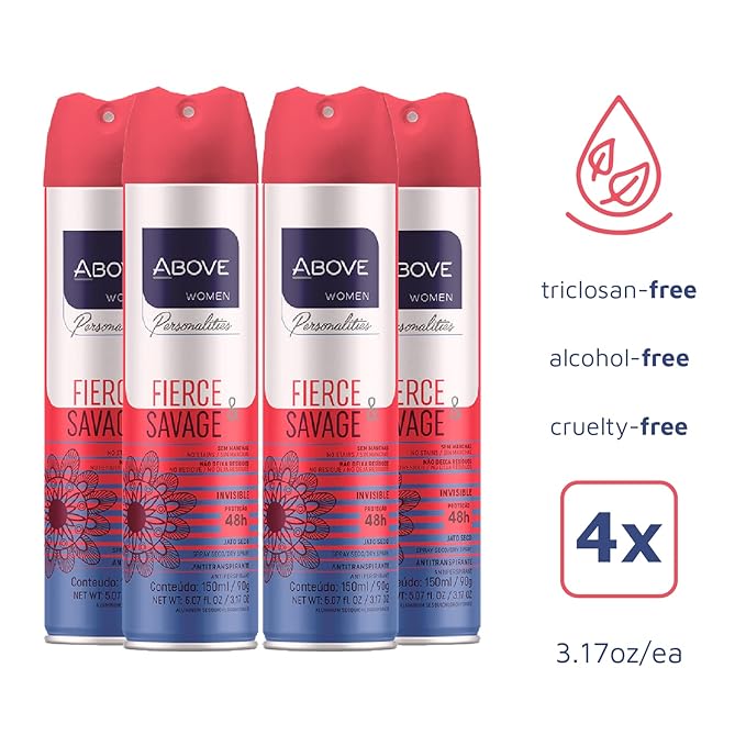 ABOVE Fierce and Savage - 48 Hours Personalities Antiperspirant Deodorant Set for Women - Notes of Pink Pepper and Jasmine - Dry Spray Protects Against Sweat and Body Odor - Alcohol Free - 4 pc