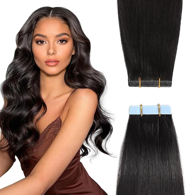 Yilite Tape In Hair Extensions - Human Hair, 24inch #1b, 20pcs, 50g/Pack, Invisible Tape, Straight, Seamless, Off Black