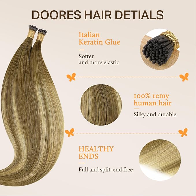 Doores I Tip Extensions, Medium Brown Highlighted Dirty Blonde 14 Inch 100g/200s, Hair Extensions Real Human Hair, I Tip Hair Extensions Human Hair