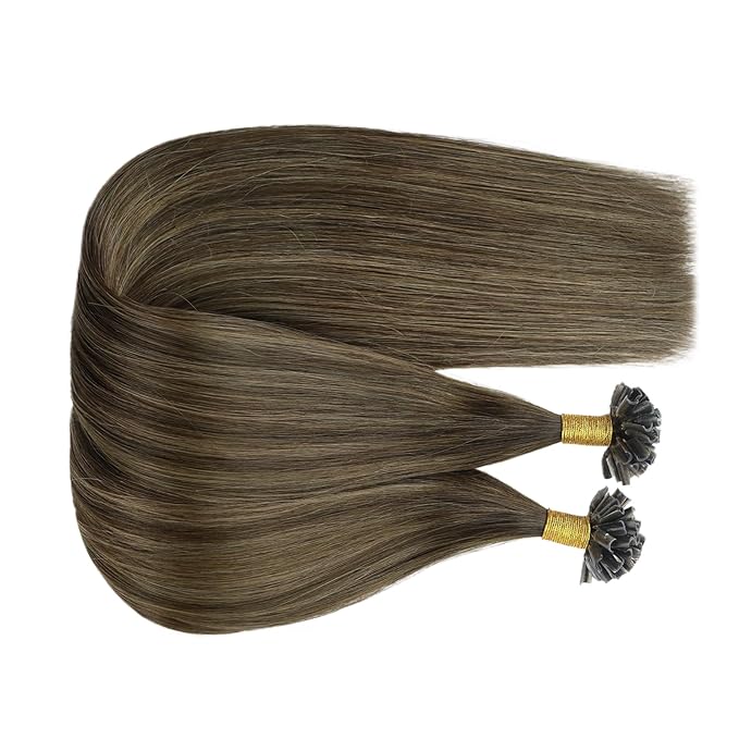 Fshine Keratin U Tip Human Hair Extensions Dark Brown to Chestnut Brown Balayage Remy K Tip Hair Extensions Pre Bonded Human Hair Extensions 20 Inch Brown Balayage Human Hair 50g