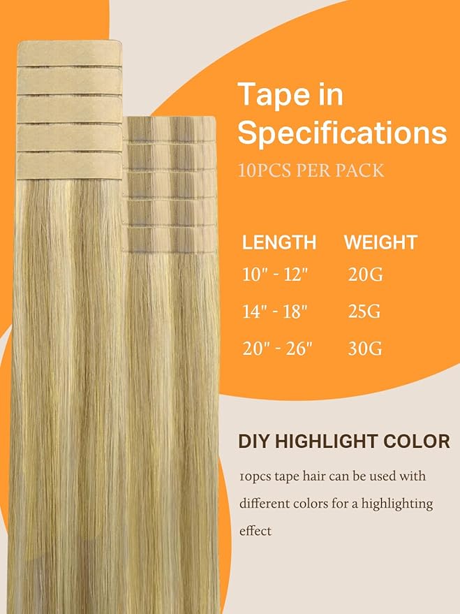 DOORES Tape in Hair Extensions, Light Blonde Highlighted Golden Blonde 10pcs 24 Inch 30g, Real Human Hair Extensions Tape in Skin Weft Hair Remy Straight