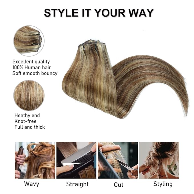Clip in Hair Extensions Real Human Hair Chestnut Brown to Golden Blonde 16 inch 7pcs 70g/Pack, Human Hair Clip in Extensions, Salon-Grade Quality, Easy Comfort Wear for Women (#P6/22, 16 inch)