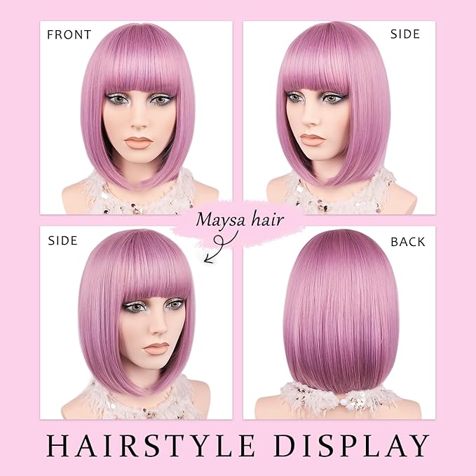MAYSA Pink Bob Wig with Bangs Short Straight Bob Wig Womens Wigs 12in Cosplay Colorful Party Wigs # Purple Pink