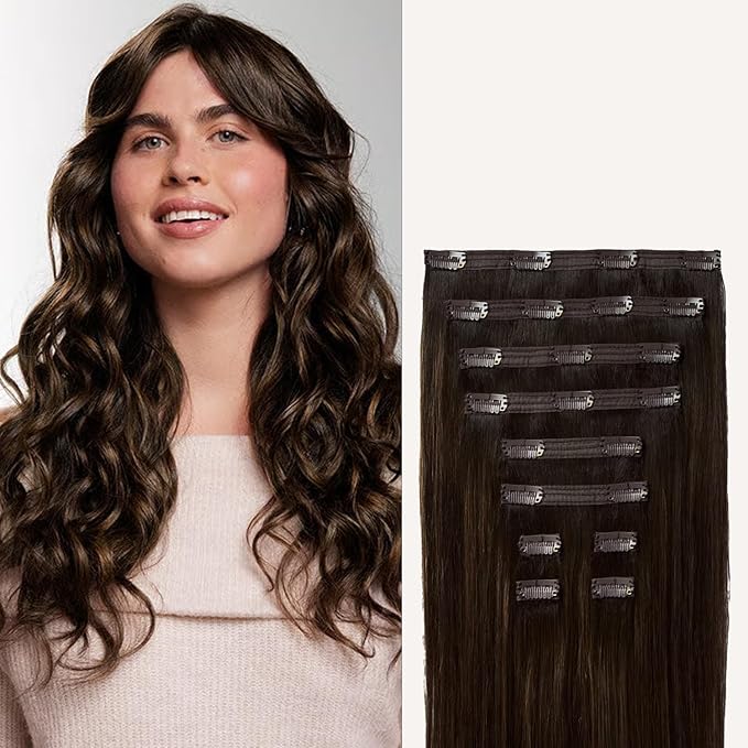 Luxy 100% Remy Human Hair, Classic 160g Clip-In Hair Extensions - 10 Wefts Multi-Dimensional Color for Natural Blending, Adds Volume & Length, Easy Apply & Remove 16" Dimensional Rooted Honey Espresso