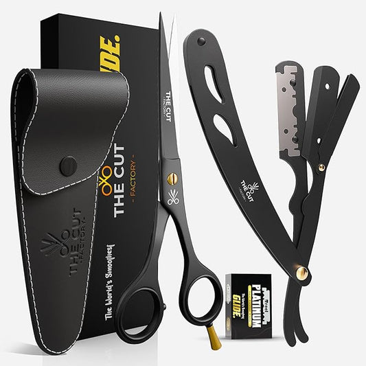 The Cut Factory- Hair Cutting Scissors & Straight Razor Barber Kit with Leather Pouch – Professional Hair Scissors, Barber Scissors & Razor with 20 Replaceable Blades