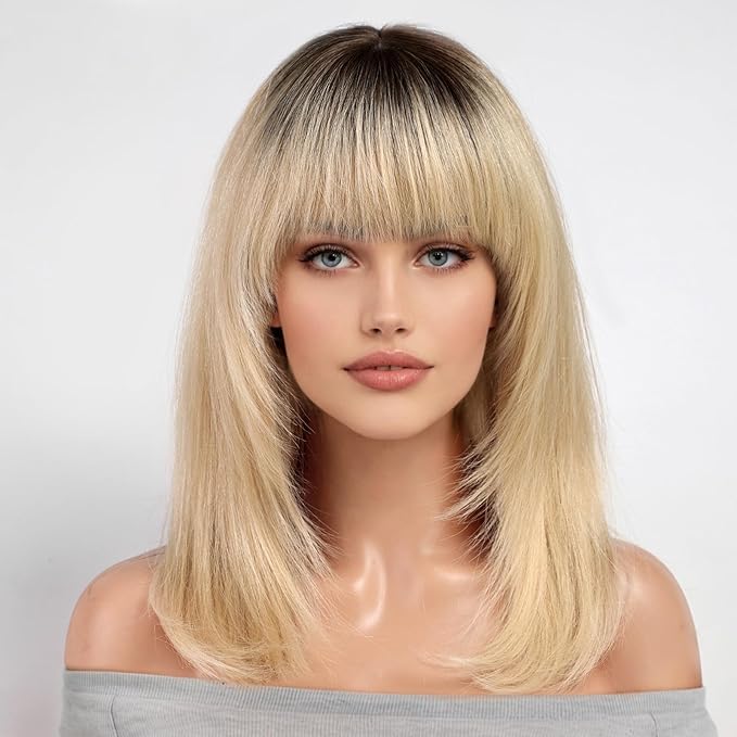 KKU 16 Inch Gradient Blonde Human Hair Wigs for Women,Layered Straight Human Hair Wig with Bangs, Wear Natural Realism for Daily Use