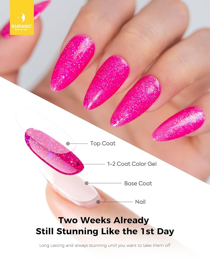 BURANO Glitter Gel Nail Polish - LED UV Curing, Holographic Effect, No Chip Sparkle Gel - Hot Pink (LP14)