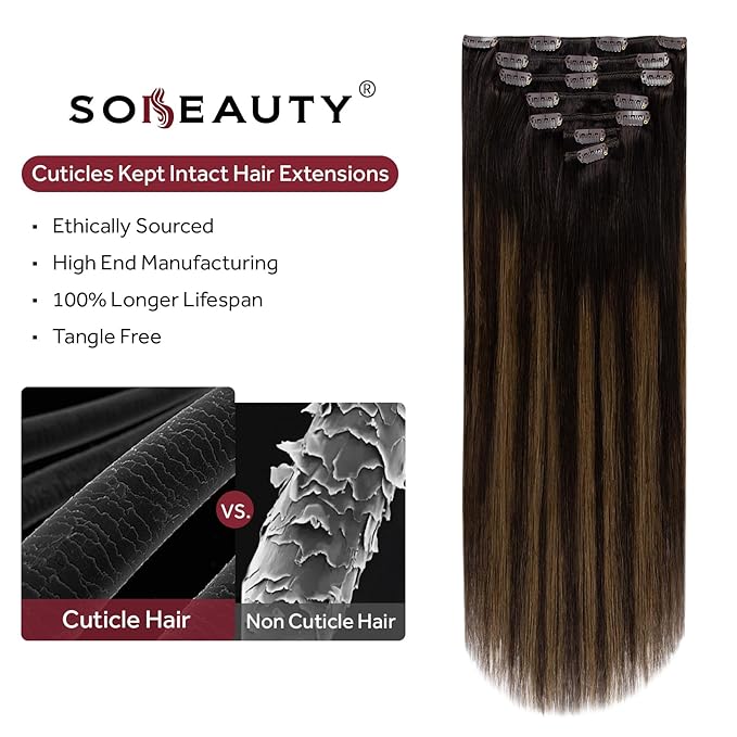 Clip in Hair Extensions Real Human Hair, Silky Remy Hair Extensions Clip Ins, Salon Quality Straight Human Hair for Women, Dark Brown to Chestnut Brown #2TP6/2 20Inch 120G 7PCS