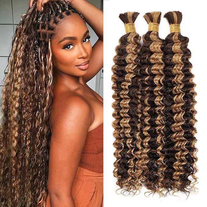 Human Braiding Hair 3 Bundles 150g 22 inch P4/27 Blonde Deep Wave Bundles Bulk Human Hair for Braiding Highlight Brown Color