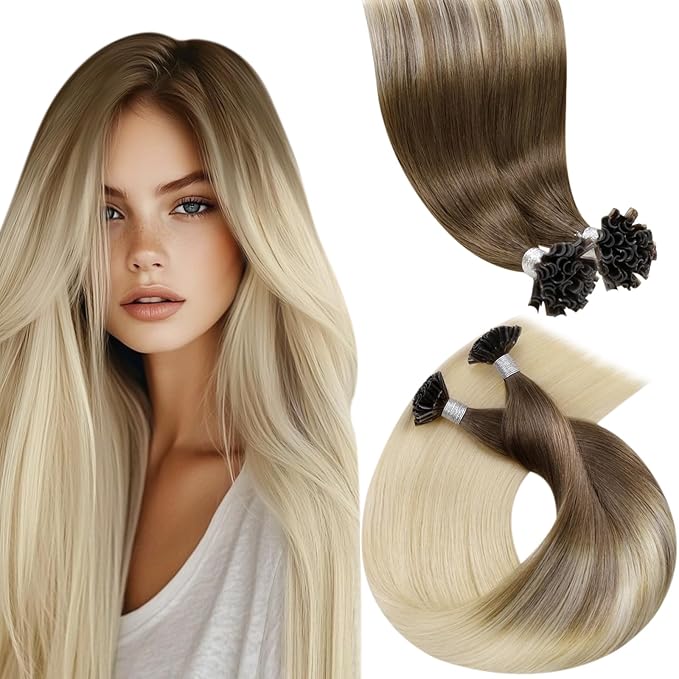 LaaVoo K Tip Hair Extensions Real Human Hair Blonde Ombre Ktip Human Hair Extensions Light Brown Ombre Light Blonde 14 Inch 50g/50s