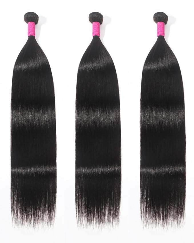 Arabella 3 Straight Bundles Human Hair 28 30 32 Inch Natural Black Hair Bundles 100% Unprocessed Brazilian Virgin Hair 10A Weave Sew in Double Weft Bundles Human Hair
