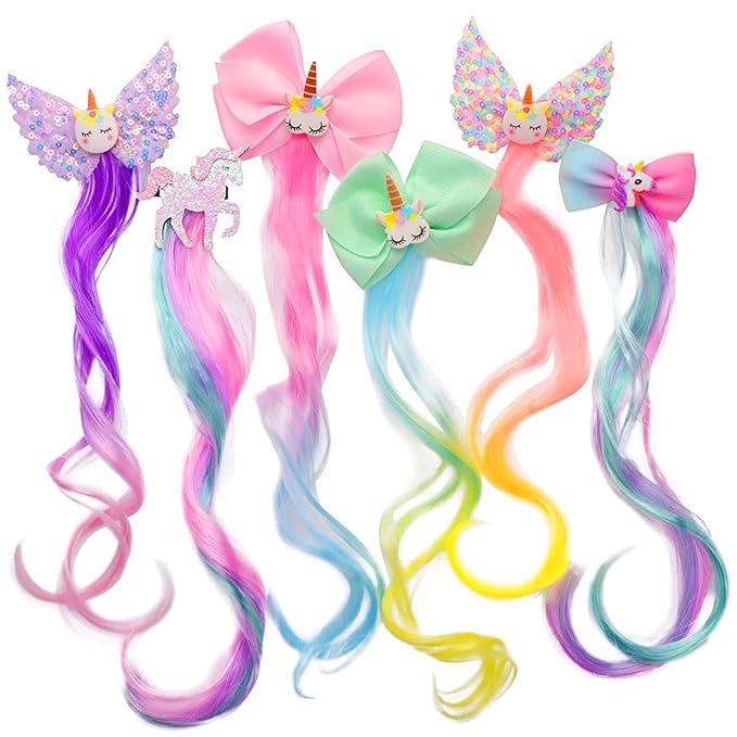 Ideal Swan 6 Set Unicorn Hair Extensions Clip - Colorful Curly Hair Extensions for Girls, Cute Unicorn Accessories Hair Clips for Kids Ponytails, Rainbow Thick Wig Clip in Fake Bangs (Curly Hair)