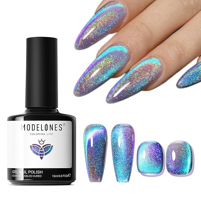 modelones 9D Magnetic Cat Eye Gel Nail Polish, Holographic Blue Purple Rainbow Shimmer, 15ML UV LED Soak Off Gel, Christmas Nail Art, Manicure Design - Reflective Top Coat for Women & Girls