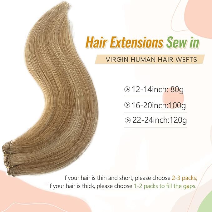 Weft Hair Extensions Human Hair Sew in Blonde Highlight Bundles Straight Light Strawberry Blonde and Bleach Blonde Highlights Sew in Hair Extensions Real Human Hair for Women 22 Inch 120G
