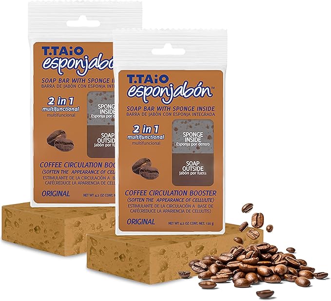 T.Taio Coffee Esponjabon Soap Sponge - Cleansing Shower Scrubber - Cleaning Bath Wash Scrub - Oil Removal - Massage & Lather Foot, Elbow, & Face - Bathroom Accessories (2-Pack)