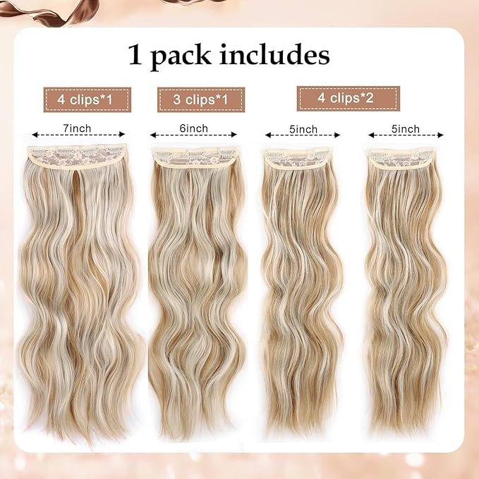 4PCS Clip in Hair Extensions 20 Inch Long Wavy Hair Extension Clip Ins Caramel Brown Mixed Honey Blonde Hair Extensions for Women Synthetic Highlights Hairpieces for Women (20INCH, P22/60A)