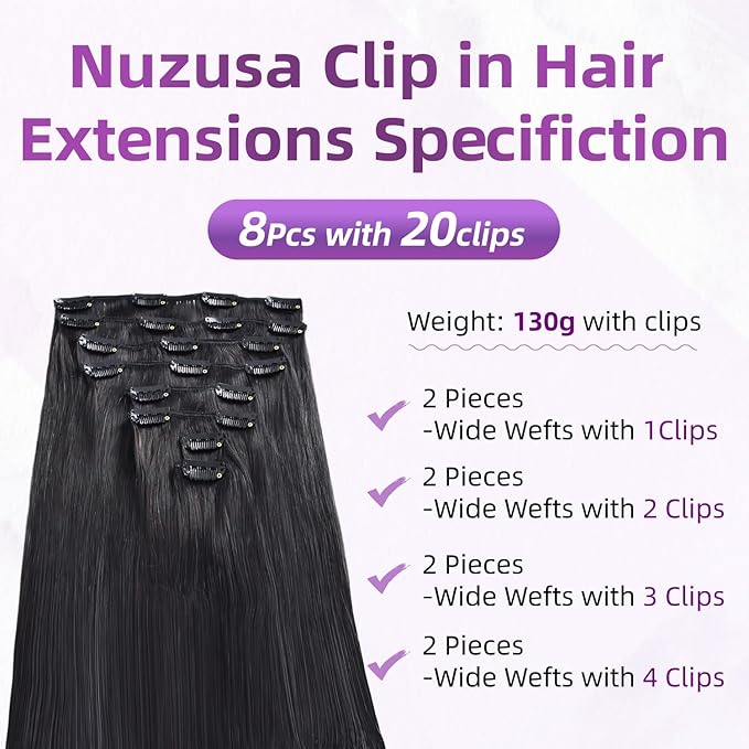 Clip in Hair Extensions Real Human Hair,100% Brazilian Remy Human Hair Extensions for Women,1B Natural Black 8pcs Per Set with Double Weft,26inch 130g,Straight