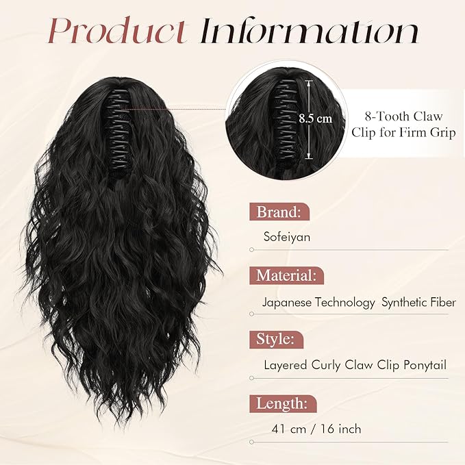 SOFEIYAN Ponytail Extension, 16 inch Claw Clip Ponytail Extension Wavy Curly Ponytails Synthetic Pony Tails Hair Extensions Natural Fake Hairpiece for Women - Black Brown