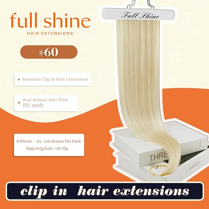 Full Shine Platinum Blonde Human Hair Clip in Extensions Platinum Blonde Clip in Hair Extensions Invisible Seamless Clip ins for Women 18 Inch 8 PCS 120 Grams