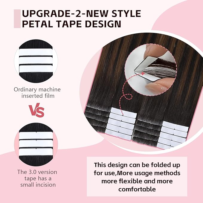 Injection Tape in Hair Extensions Real Human Hair 3rd-Generation #1b/4/27 Natural Black to Chocolate Brown and Caramel Blonde 20pcs 35g 16inch Invisible Tape Extensions（#1b/4/27a-16inch）