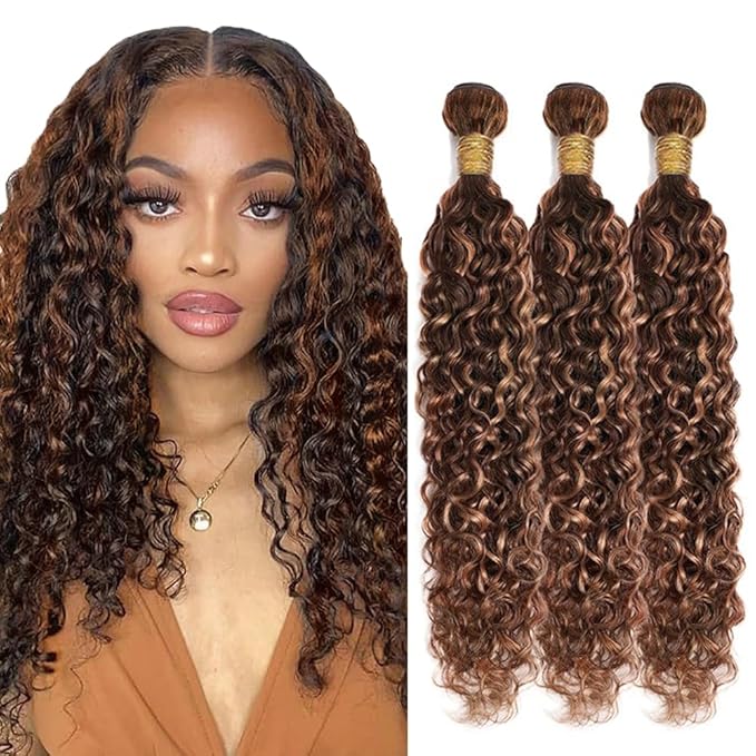 Highlight Human Hair Bundles Light Brown Water Wave Bundle 28 30 32 Inch Brazilian Color 30 Human Hair Extensions P4 30 Water Wave 3 Bundles