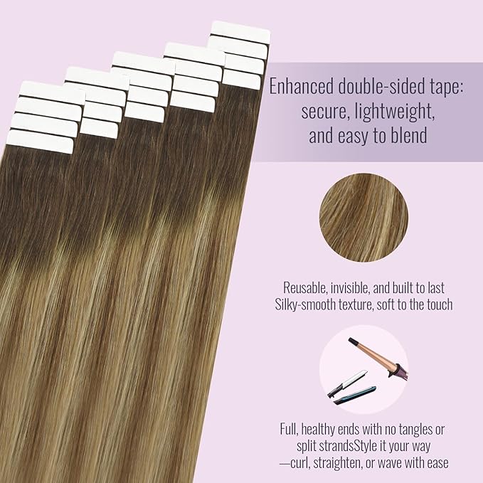 Fshine Tape In Hair Extensions Real Human Hair Balayage Medium Brown with Platinum Blonde Tape In Extensions Human Hair 22 Inch Glue on Extensions 50g 20Pcs 100% Remy Human Hair