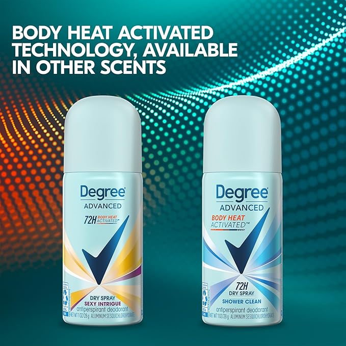 Degree Women’s Travel Deodorant Antiperspirant 6-Pack – Body Heat Activated 72H Protection Mini Dry Sprays, Shower Clean Scent, 1 Oz Ea