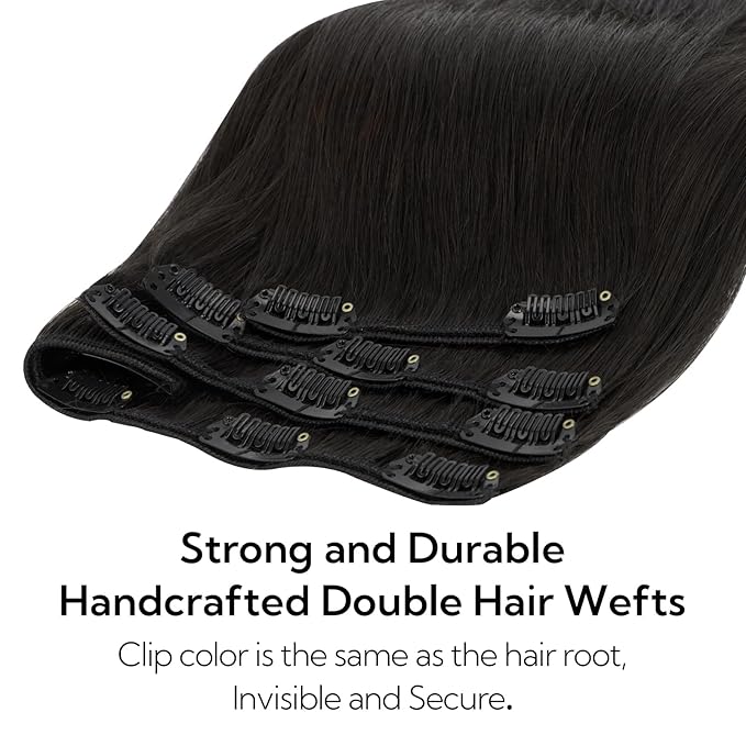 HOTBANANA Clip in Hair Extensions Real Human Hair, 135g 9pcs 14 inch Natural Black Straight Remy Clip in Extensions Full Head for Women