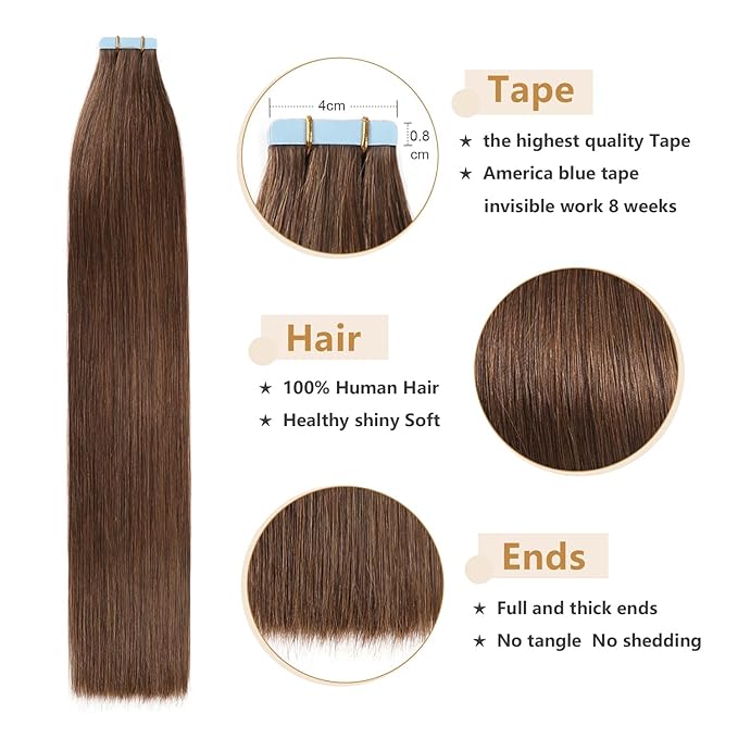 YILITE Tape in Human Hair Extensions #4 Medium Brown 26 inches 20pcs 60g Straight Tape in Hair Extensions Human Hair(26 Inch #4 Medium Brown)