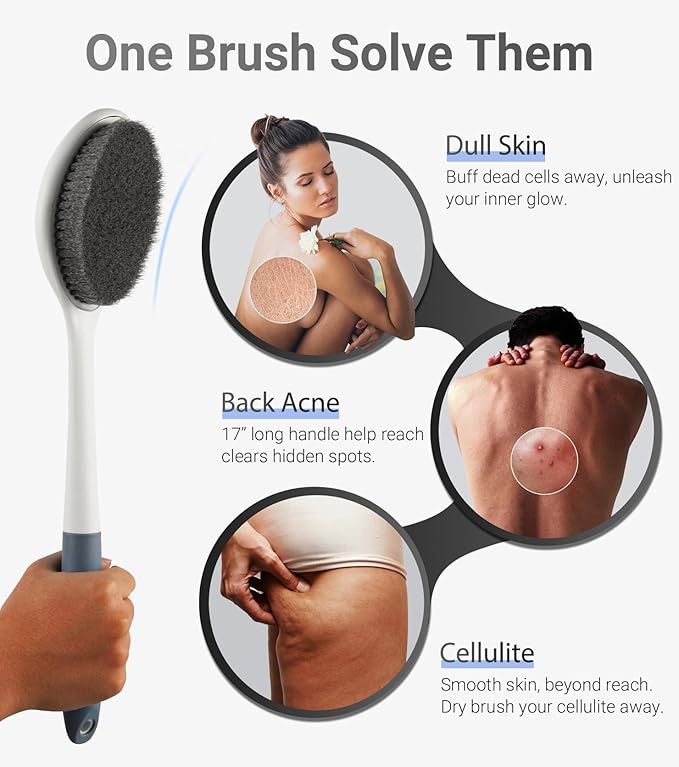 surlees Back Brush for Shower for Men & Women 17" | Body Brush for Wet & Dry Brushing | Exfoliating Body Scrubber & Back Scrubber | Shower Brush with Long Handle (Blue, Scrub Force 4-6)
