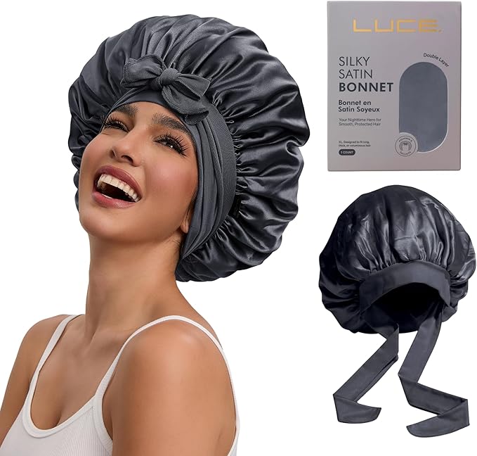 LUCE Satin Bonnet for Sleeping – Adjustable Double Layer Hair Cap for Women, Prevents Frizz & Breakage, Comfortable Night Cap