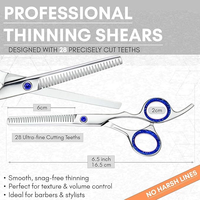 Pro Hair Cutting Scissors Set 6.5 Inch – Japanese Stainless Steel Barber Shears & Thinning Scissors Blue Gem Tension Screw – Salon Hairdressing Kit for Barbers & Stylists (Silver)