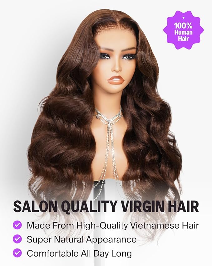 13x6 Chocolate Brown Human Hair Wig 220% Density Glueless Wigs Human Hair Pre Plucked Pre Cut Ear-to-Ear Body Wave HD Lace Front Drawstring Wig 22 Inch