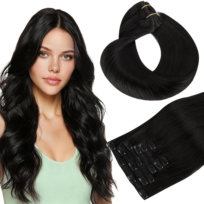 HOTBANANA Human Hair Clip in Hair Extensions, Jet Black 130g Real Human Hair Straight Remy Hair Clip in Hair Extensions 26 Inch 7pcs