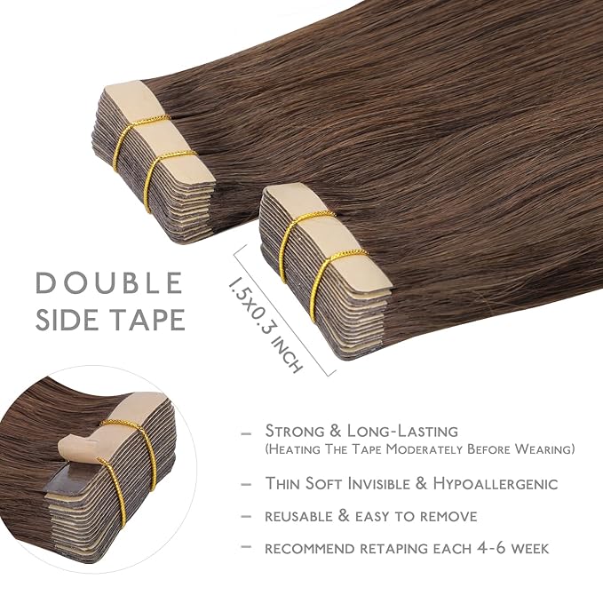 WENNALIFE Tape in Hair Extensions Human Hair, 20pcs 50g 14 inch Chocolate Brown Remy Hair Extensions Straight Human Hair Tape in Extensions Skin Weft Tape Extensions Human Hair