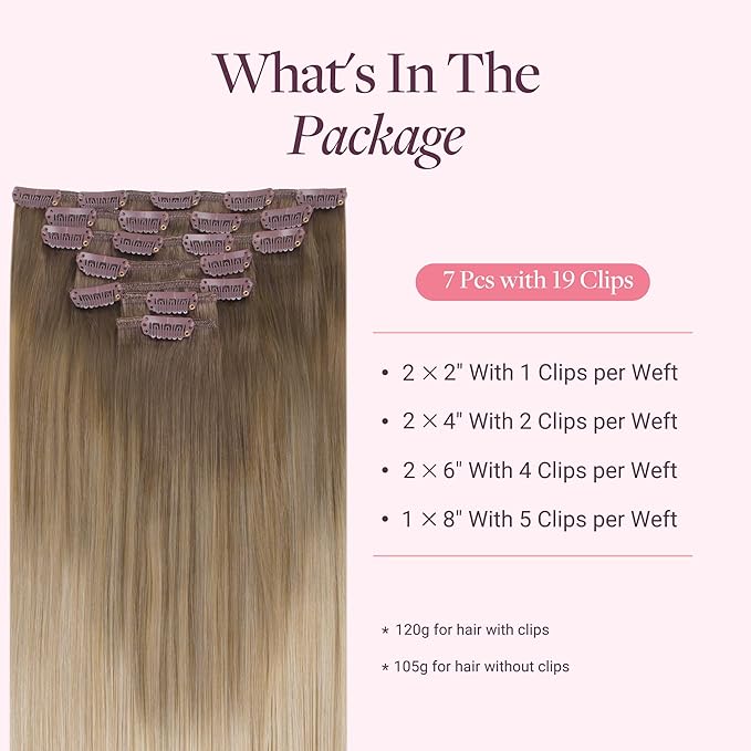 GOO GOO Clip in Hair Extensions Real Human Hair, Remy Human Hair Extensions Clip ins for Women, Natural Human Hair, 14inch 120g 7 Pcs, #9/18J/60 Chocolate Brown to Champagne Blonde Balayage