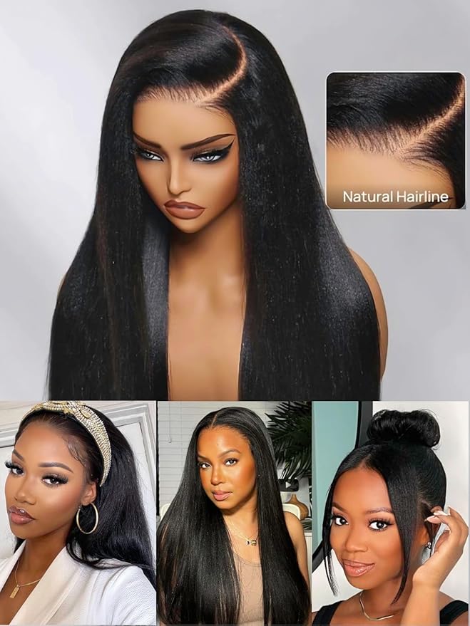 Julia Hair Pre Everything Glueless Wig Human Hair Yaki Straight 13x4 HD Lace with Ear Tape Bye Bye Knots Lace Front Wigs for Women Pre Bleached Invisible Knots Put On and Go Wig 16 Inch