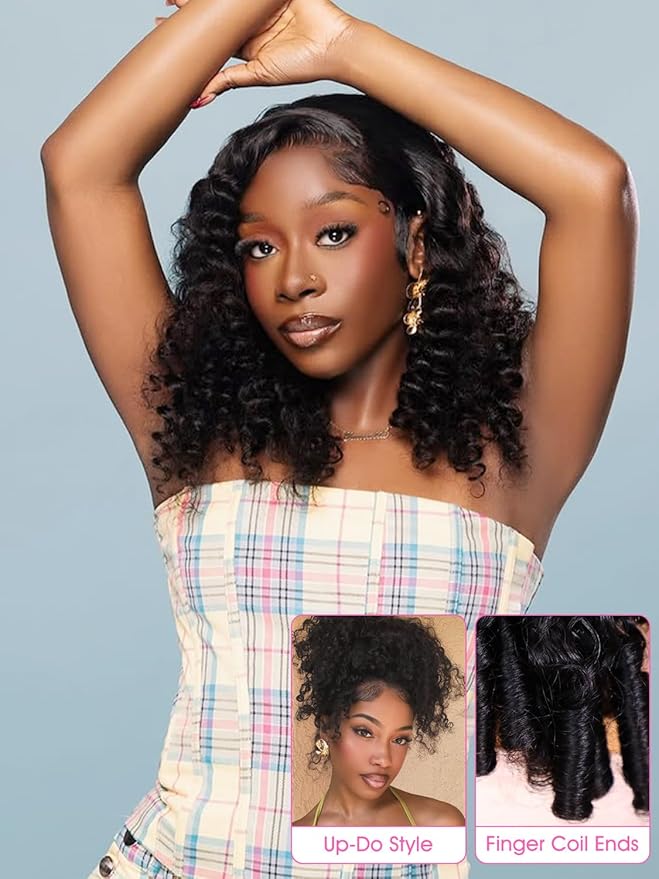 Burmese Curly Wear and Go Glueless Wig Human Hair Curly Texture with Finger Coil Ends Upgrade 9X6 T Part Pre Cut Lace Flip Over Beginner Friendly Wear Go Drawstring Wig 180% Density 24 Inch