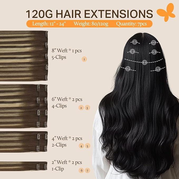 DOORES Human Hair Clip in Extensions, Balayage Chocolate Brown to Honey Blonde 80g 7pcs 12 Inch, Clip in Extensions Human Hair Natural Remy Clip In Hair Extensions Straight Hair Extensions