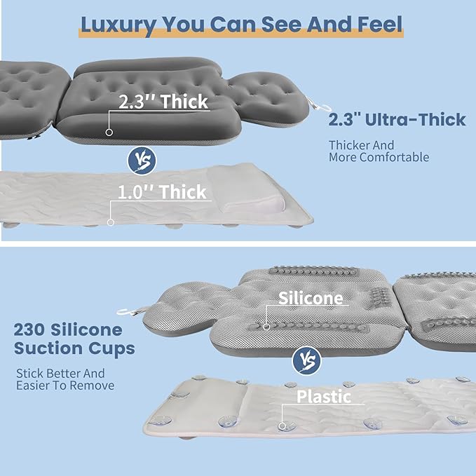 Bath Cushion, Full Body Bathtub Pillow with 160 Suction Cups, Bath Mat for Head and Neck Support, with Laundry Bag (Dark Gray, 60.2" x 16.2")