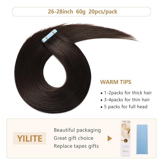 YILITE Off Black Tape in Hair Extensions Human Hair 26inch #1B 20pcs 60g/pack Straight Tape in Human Hair Extensions Seamless Skin Weft Tape ins (26Inch Off Black #1B)