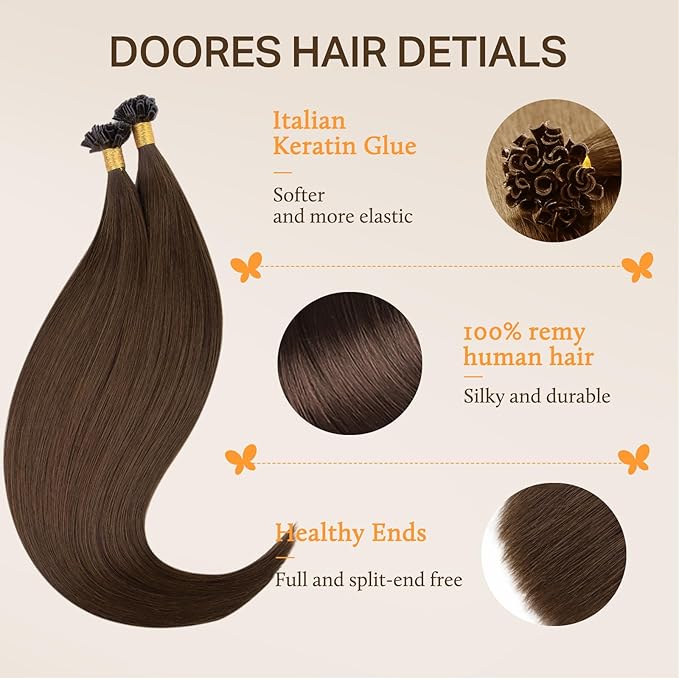 DOORES K Tip Hair Extensions Real Human Hair, Chocolate Brown 16 Inch 50g/50s, Invisible U Tip Natural Straight